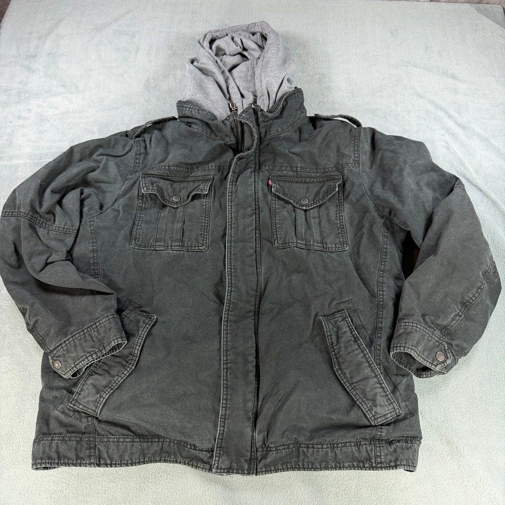 Levis Mens Field Jacket Black Canvas Hooded Military Utility Coat Layered Look